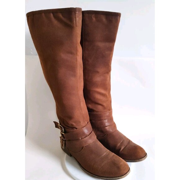 Madden Girl Campus Tan Faux Leather Back Zip Knee High Riding Boots Wide Calf 10 - Picture 1 of 12